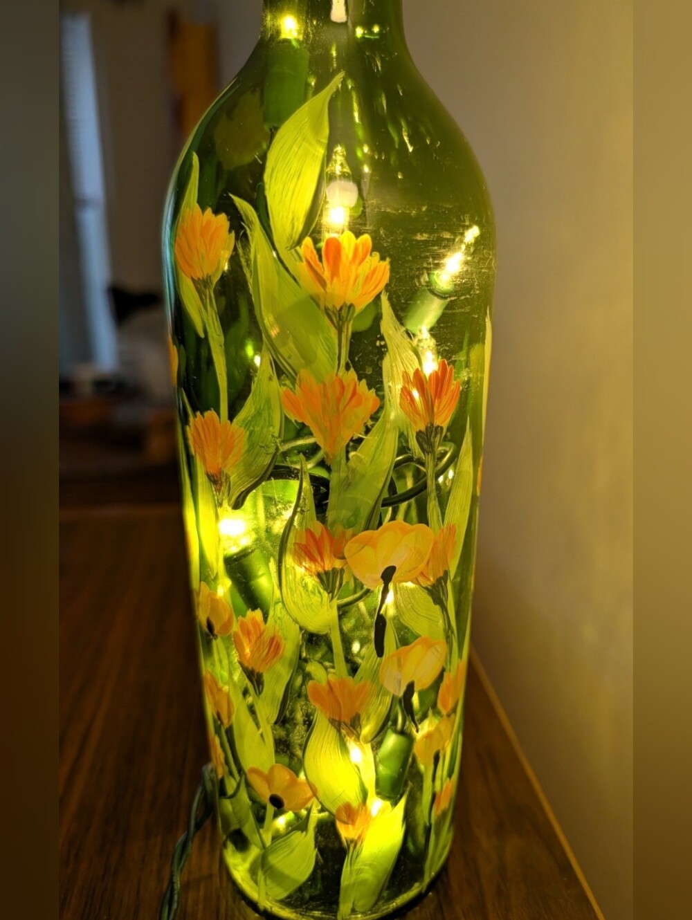 Hand-Painted Green Floral Bottle with Lights - Picture 4 of 8